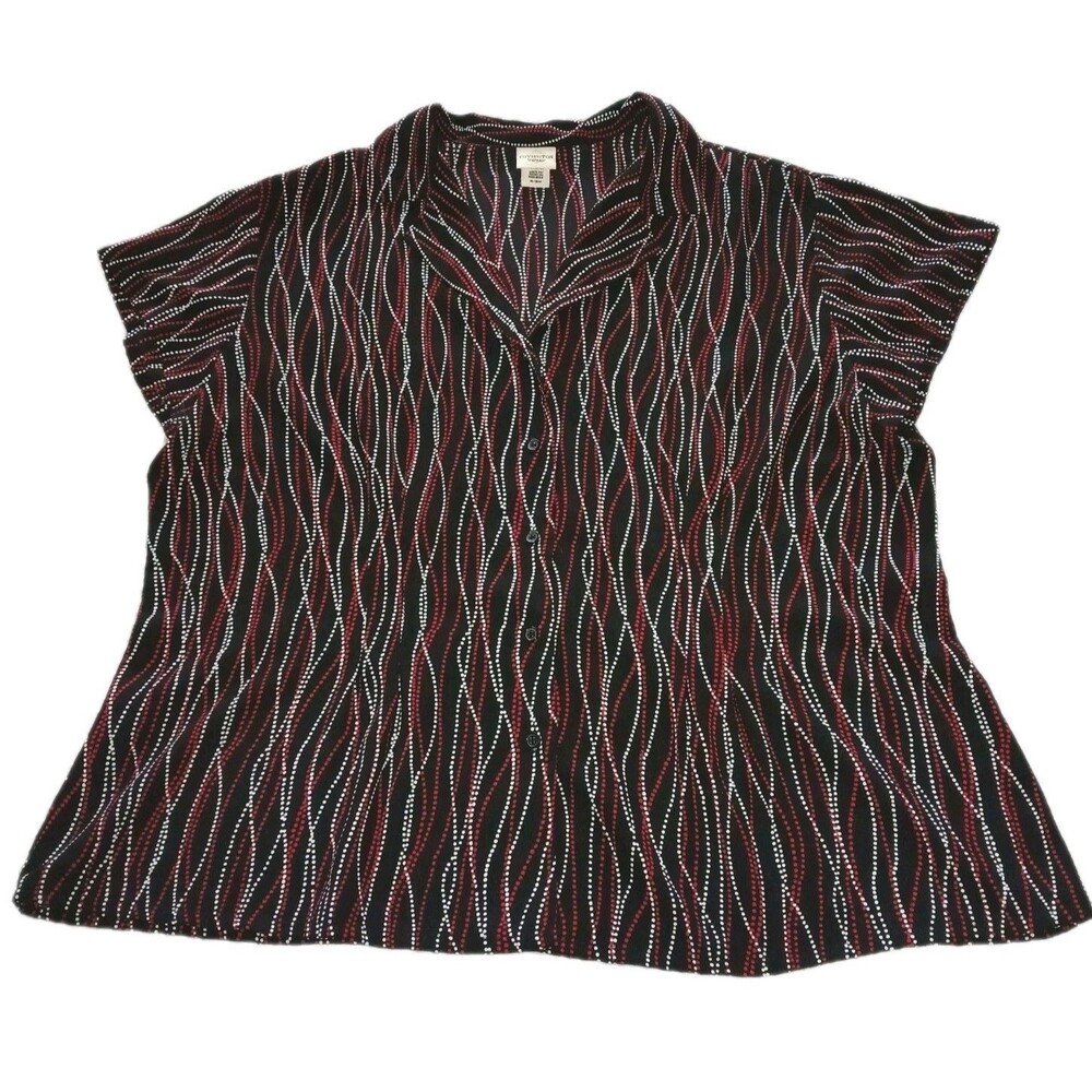 COVINGTON Womens 16/18W Career Casual Dots Stripes Button Short Sleeve Black Top - Picture 2 of 6